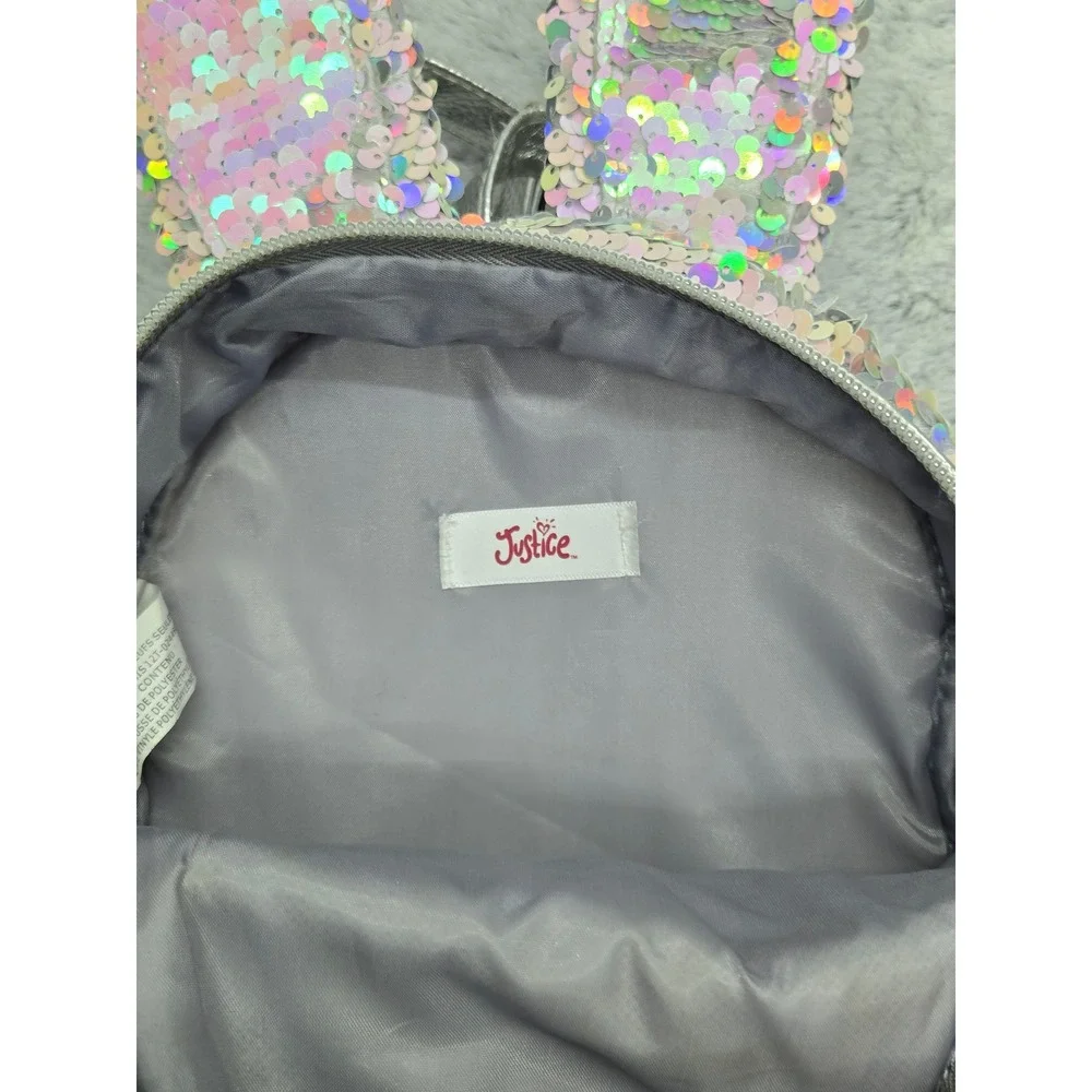Justice‎ Girls Sequin Bunny Ears Mini Backpack Silver Rainbow Sparkle